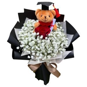 Graduation Bouquet Gift Flower Bouquet - Red Rose, Baby Breath Graduation Bear