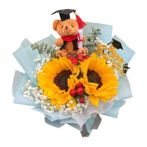 Graduation Gift Flower Bouquet Sunflower Baby Breath Bear Eucalyptus & Topper