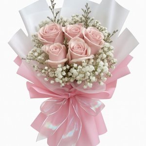 Angel's Breath Fresh Pink Roses Flowers Baby Breath Gift Bouquet